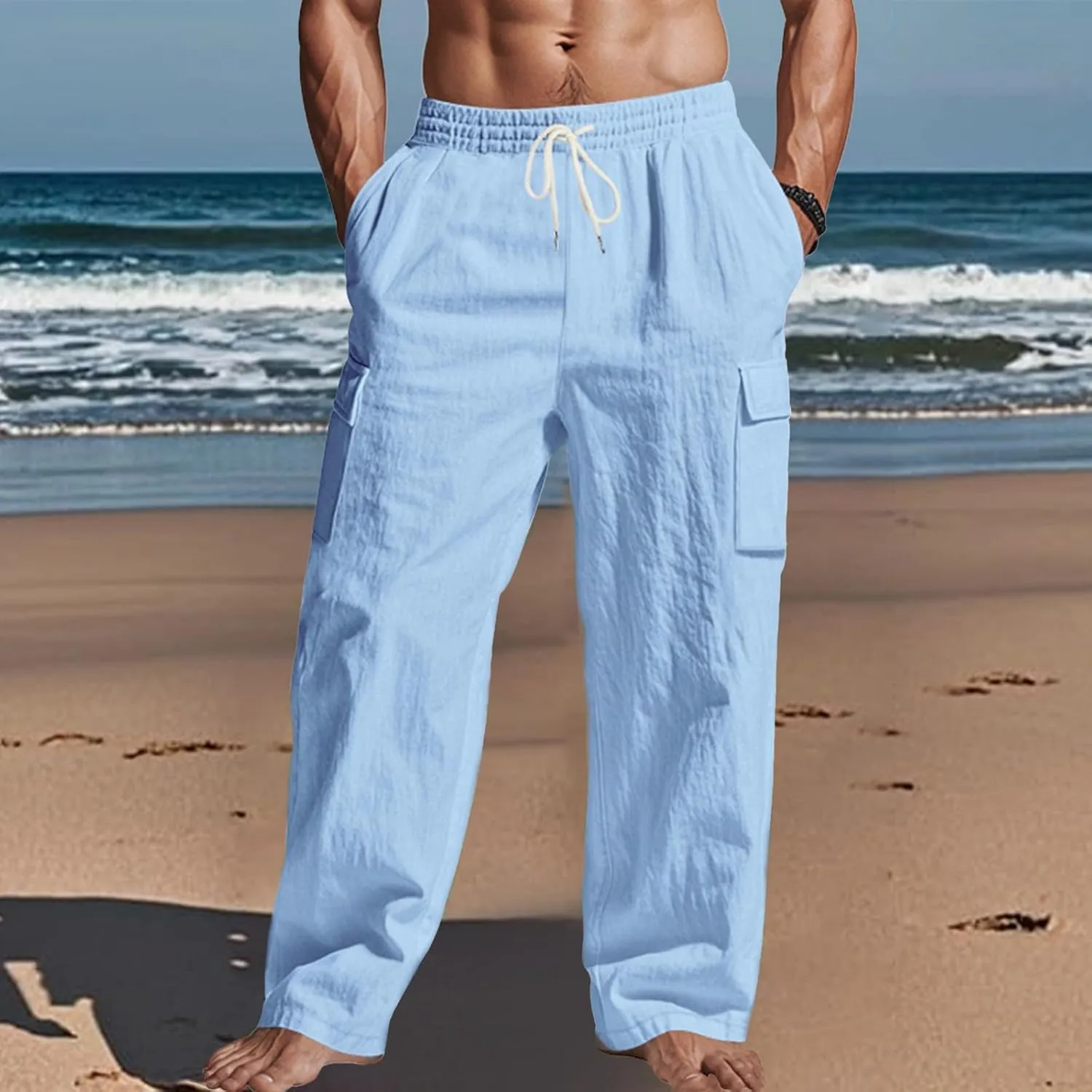 Linen Cargo Pants Men Lightweight Comfy Elastic Waist Lounge Pants Casual Yoga Pants Summer Beach Outfits with Pocket