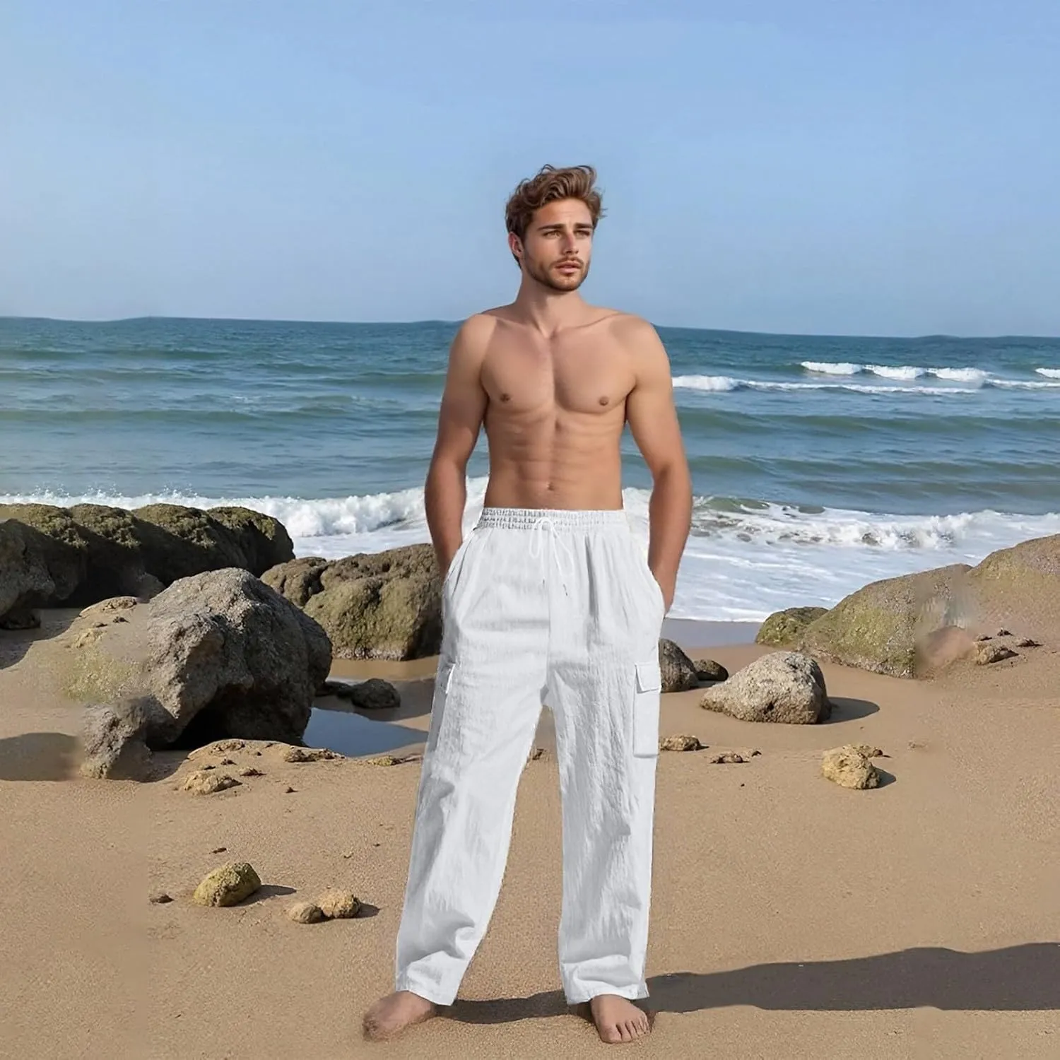 Linen Cargo Pants Men Lightweight Comfy Elastic Waist Lounge Pants Casual Yoga Pants Summer Beach Outfits with Pocket