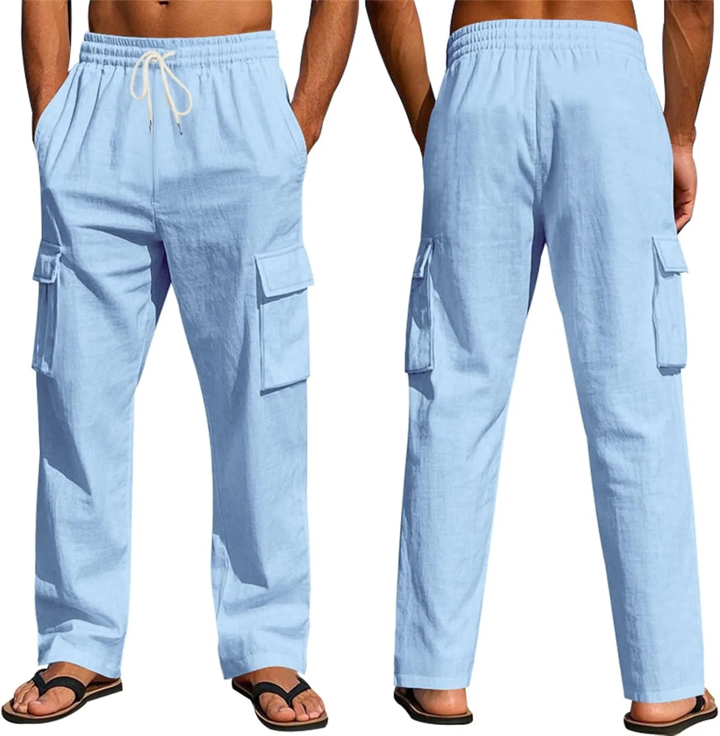 Linen Cargo Pants Men Lightweight Comfy Elastic Waist Lounge Pants Casual Yoga Pants Summer Beach Outfits with Pocket
