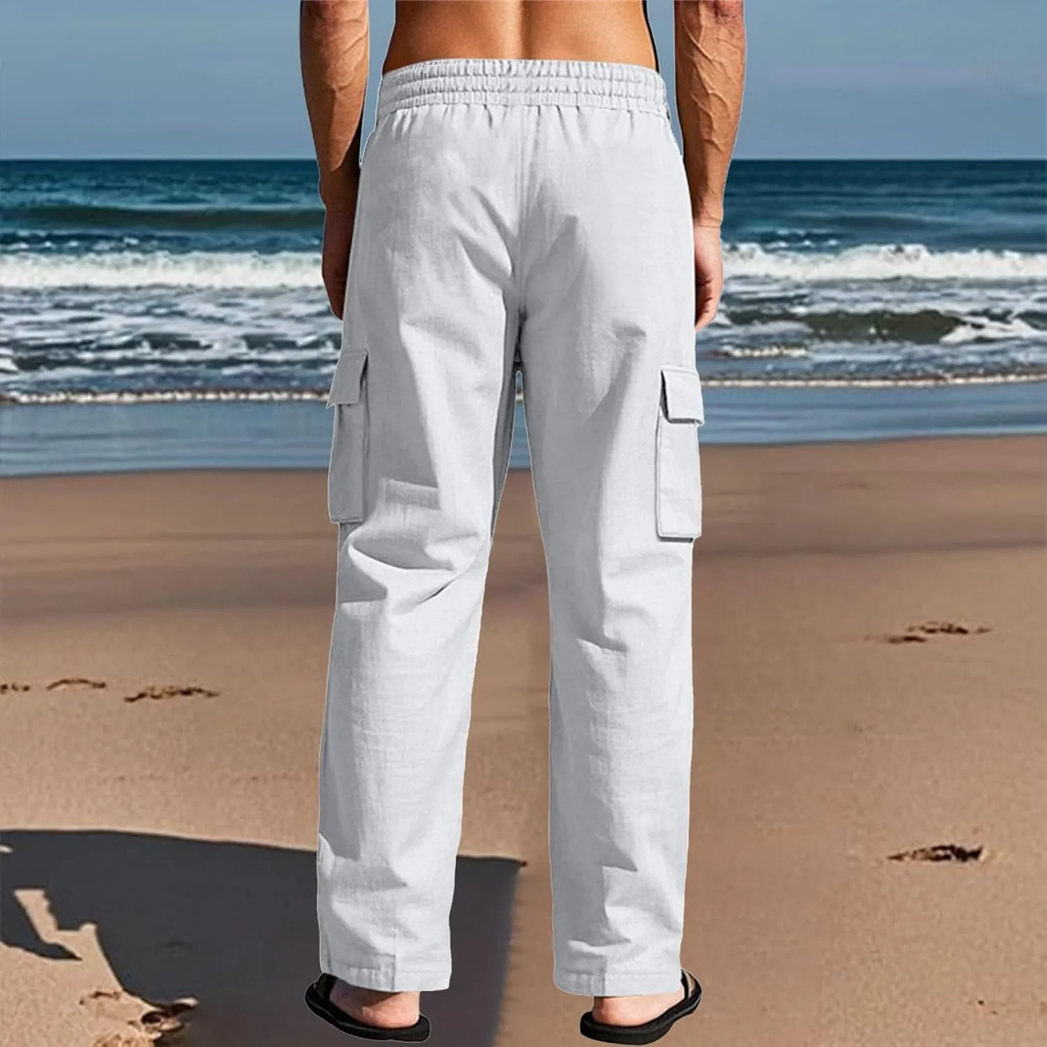 Linen Cargo Pants Men Lightweight Comfy Elastic Waist Lounge Pants Casual Yoga Pants Summer Beach Outfits with Pocket