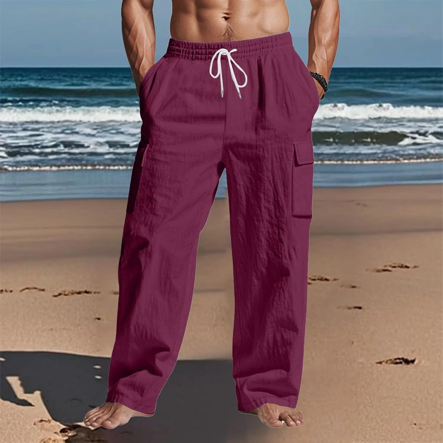 Linen Cargo Pants Men Lightweight Comfy Elastic Waist Lounge Pants Casual Yoga Pants Summer Beach Outfits with Pocket