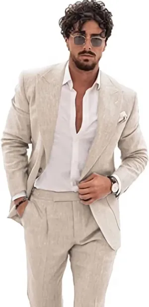 Linen Suit for Men Casual Slim Fit 2 Piece Suits Summer Beach Wedding Groomsmen Suits Blazer Pants Set