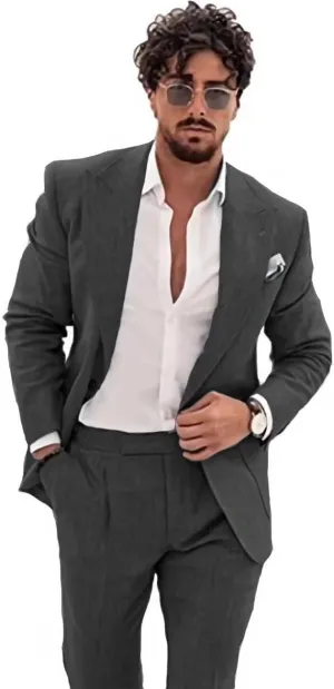 Linen Suit for Men Casual Slim Fit 2 Piece Suits Summer Beach Wedding Groomsmen Suits Blazer Pants Set