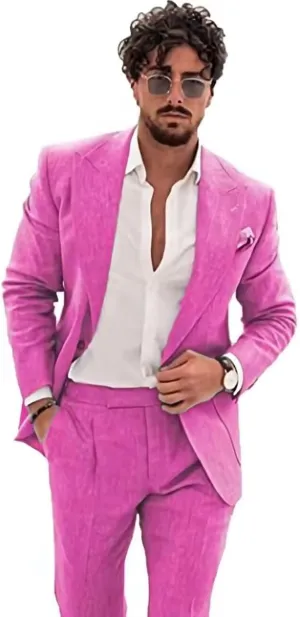 Linen Suit for Men Casual Slim Fit 2 Piece Suits Summer Beach Wedding Groomsmen Suits Blazer Pants Set