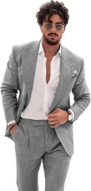 Linen Suit for Men Casual Slim Fit 2 Piece Suits Summer Beach Wedding Groomsmen Suits Blazer Pants Set