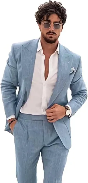 Linen Suit for Men Casual Slim Fit 2 Piece Suits Summer Beach Wedding Groomsmen Suits Blazer Pants Set