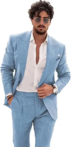 Linen Suit for Men Casual Slim Fit 2 Piece Suits Summer Beach Wedding Groomsmen Suits Blazer Pants Set