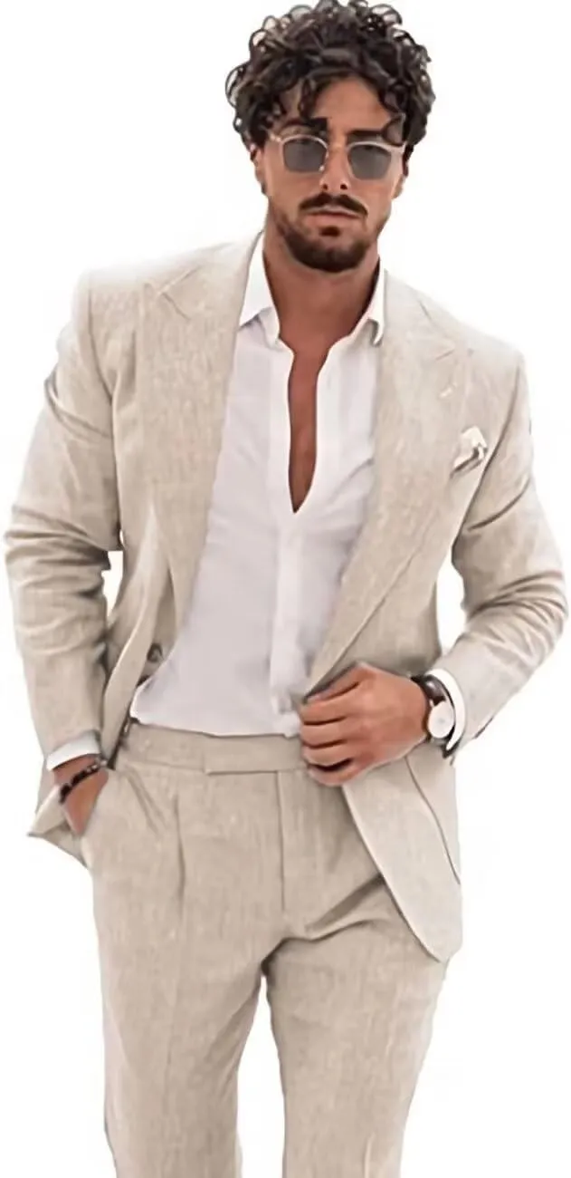 Linen Suit for Men Casual Slim Fit 2 Piece Suits Summer Beach Wedding Groomsmen Suits Blazer Pants Set