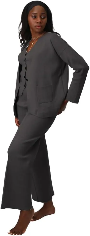 Linen Suit Set Women 3 Piece Blazer Pants Elegant Breasted Jacket Wide Leg Pants Versatile Work Event Attire