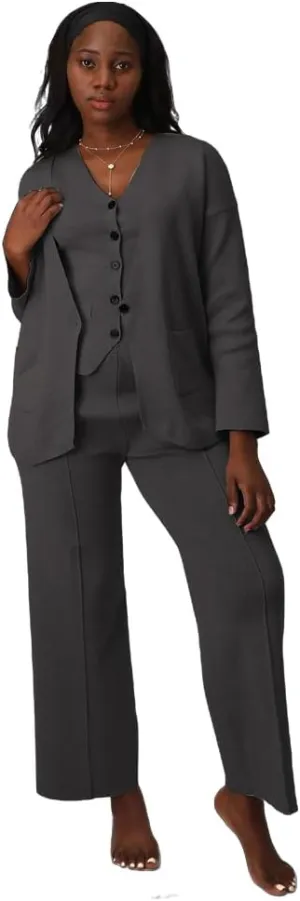 Linen Suit Set Women 3 Piece Blazer Pants Elegant Breasted Jacket Wide Leg Pants Versatile Work Event Attire