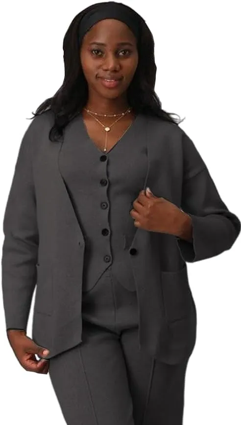 Linen Suit Set Women 3 Piece Blazer Pants Elegant Breasted Jacket Wide Leg Pants Versatile Work Event Attire