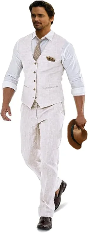 Linen Suits for Men Casual Wedding Suits Men 2 Piece Suits Groomsmen Tuxedos Summer Beach Prom Vest and Pants Set