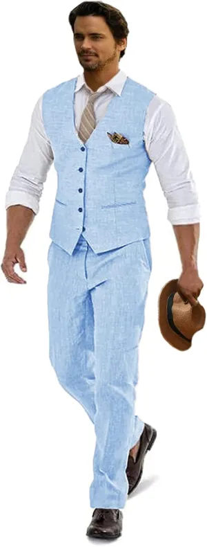 Linen Suits for Men Casual Wedding Suits Men 2 Piece Suits Groomsmen Tuxedos Summer Beach Prom Vest and Pants Set