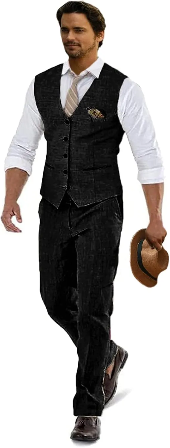 Linen Suits for Men Casual Wedding Suits Men 2 Piece Suits Groomsmen Tuxedos Summer Beach Prom Vest and Pants Set