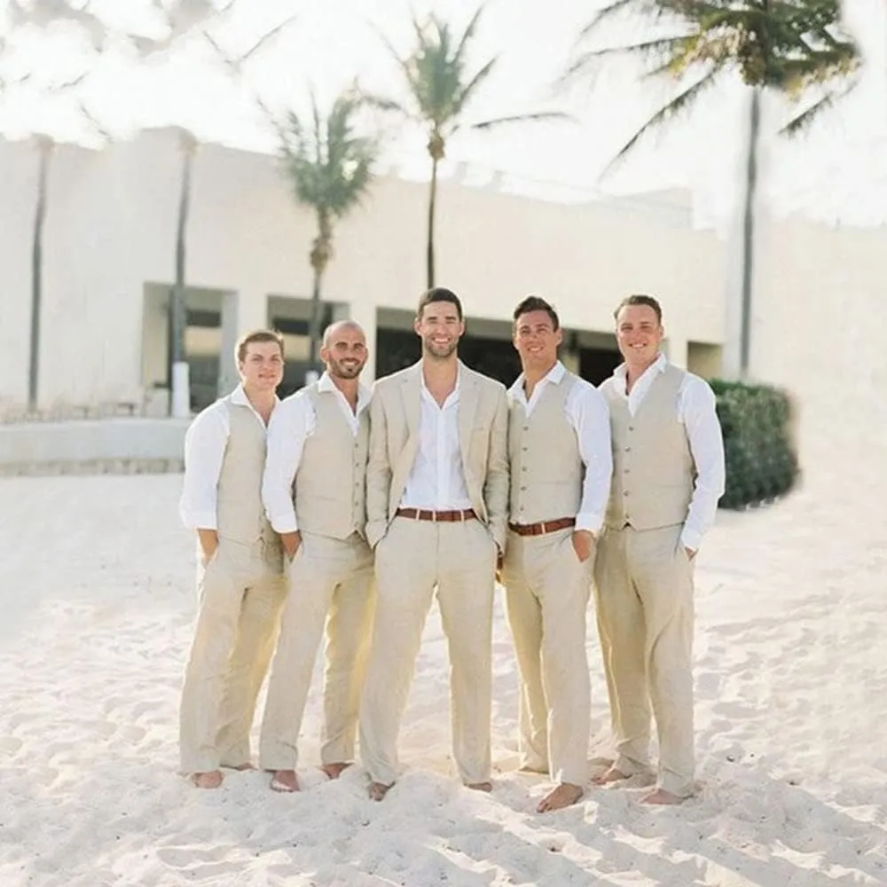 Linen Suits for Men Casual Wedding Suits Men 2 Piece Suits Groomsmen Tuxedos Summer Beach Prom Vest and Pants Set
