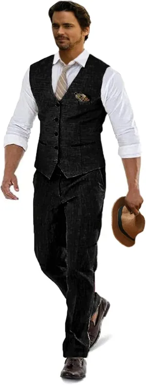 Linen Suits for Men Casual Wedding Suits Men 2 Piece Suits Groomsmen Tuxedos Summer Beach Prom Vest and Pants Set
