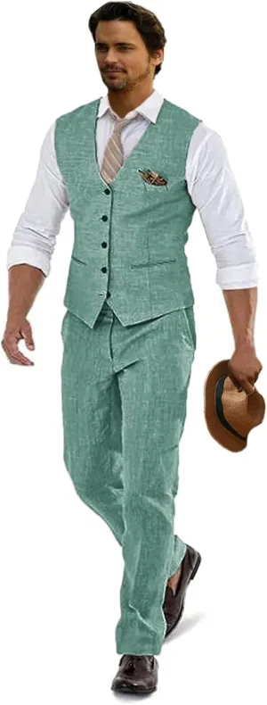 Linen Suits for Men Casual Wedding Suits Men 2 Piece Suits Groomsmen Tuxedos Summer Beach Prom Vest and Pants Set