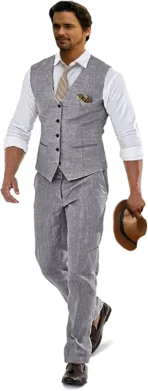 Linen Suits for Men Casual Wedding Suits Men 2 Piece Suits Groomsmen Tuxedos Summer Beach Prom Vest and Pants Set