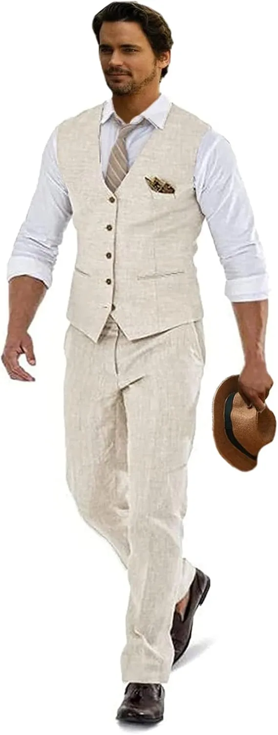 Linen Suits for Men Casual Wedding Suits Men 2 Piece Suits Groomsmen Tuxedos Summer Beach Prom Vest and Pants Set