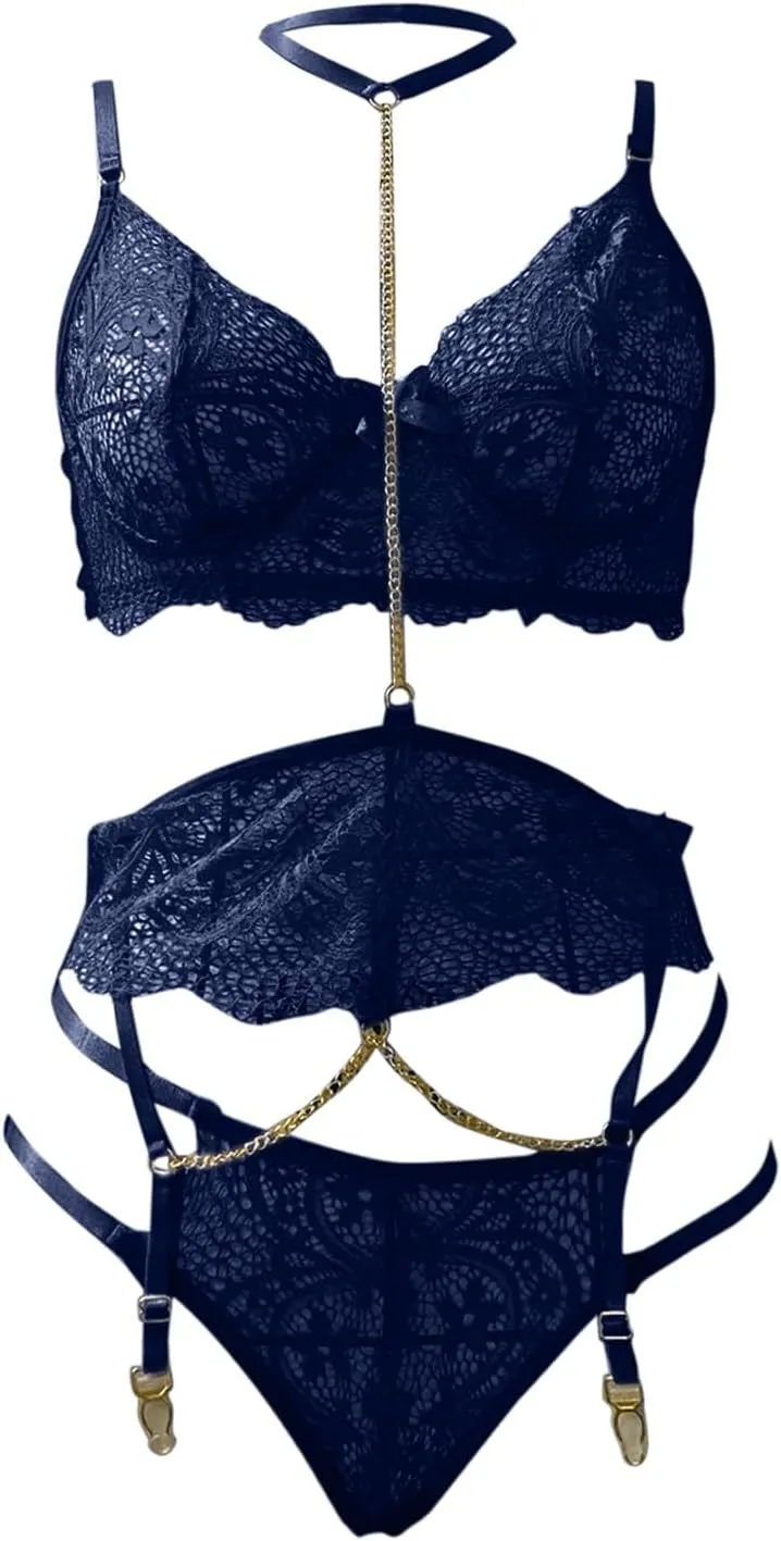 Lingerie Set with Garter Women Sexy Lace Halter Bralette High Waist PantySetSetwithGarter Belt