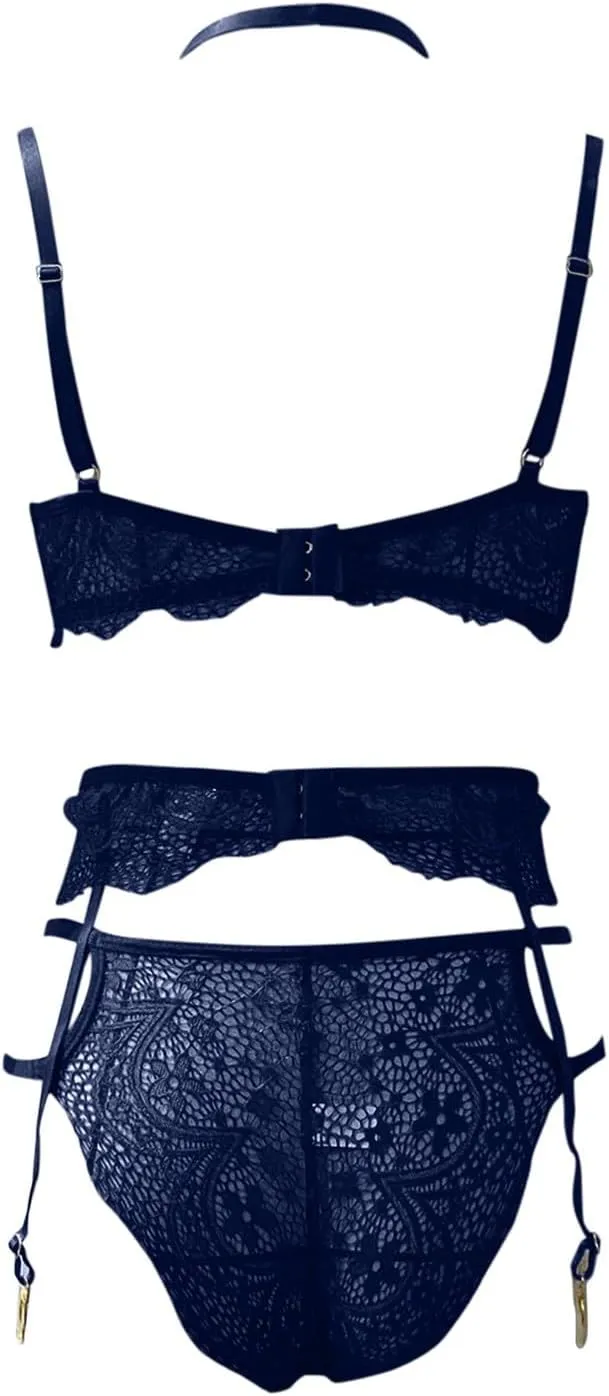 Lingerie Set with Garter Women Sexy Lace Halter Bralette High Waist PantySetSetwithGarter Belt