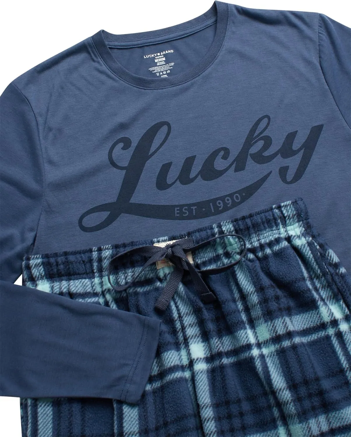 Lucky Brand Men's Pajama Set - 2 Piece Long Sleeve Crewneck Mens Shirts and Flannel Lounge Pants - Cozy Pajama Pants Set S-XL