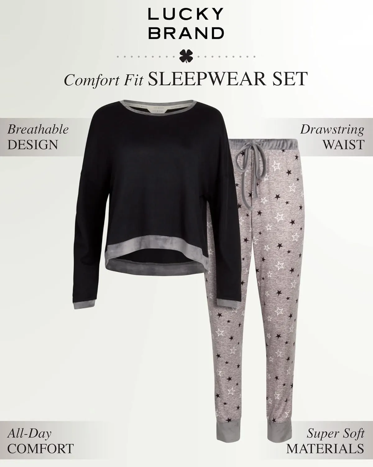 Lucky Brand Women's Pajama Set - 2 Piece Long Sleeve Sleep Shirt and Jogger Pants with Velour Trim (S-XL)