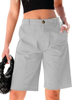 luvamia Bermuda Shorts for Women Knee Length High Waisted Cotton Elastic Wasit Summer Dressy Casual Long Chino Shorts