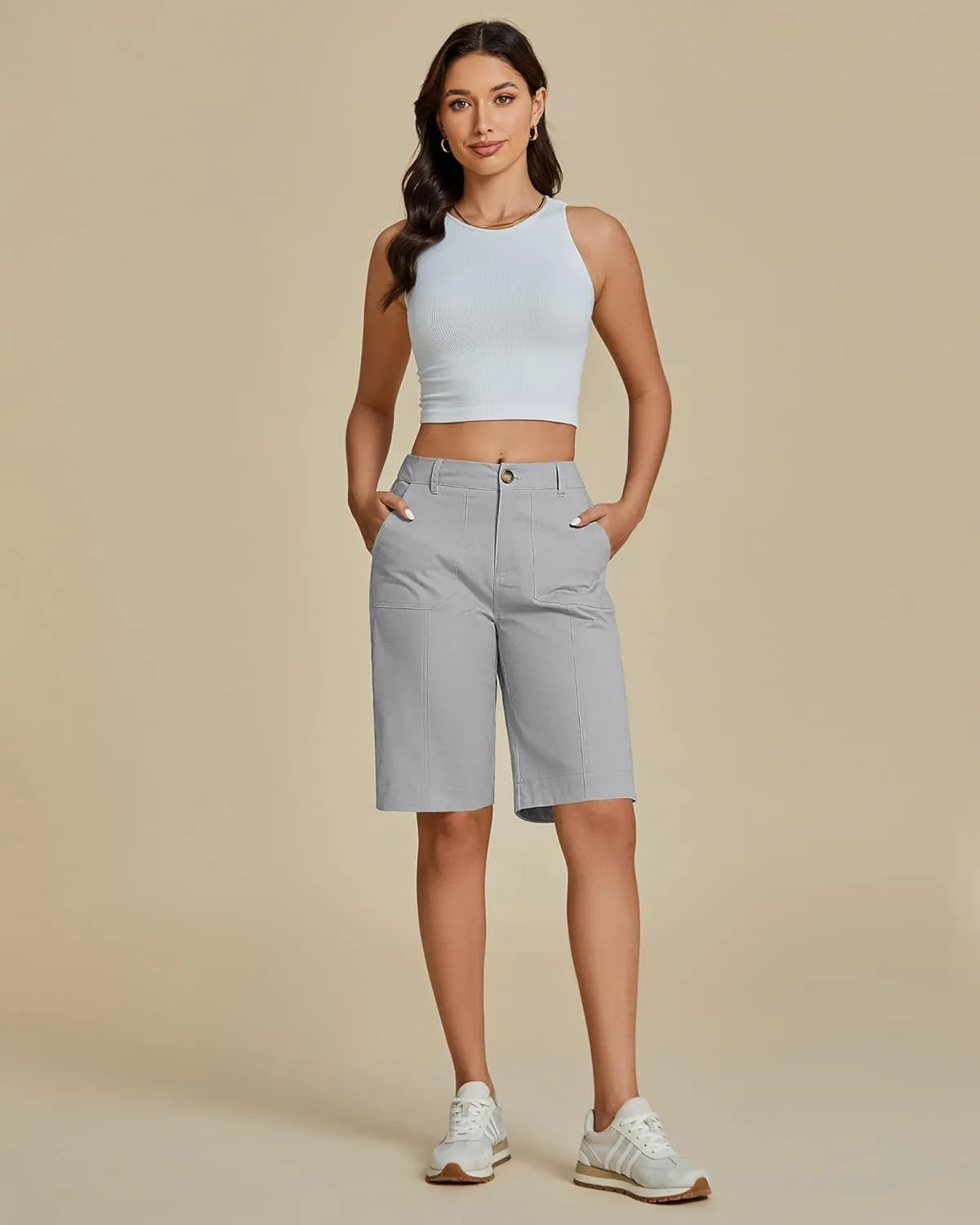 luvamia Bermuda Shorts for Women Knee Length High Waisted Cotton Elastic Wasit Summer Dressy Casual Long Chino Shorts