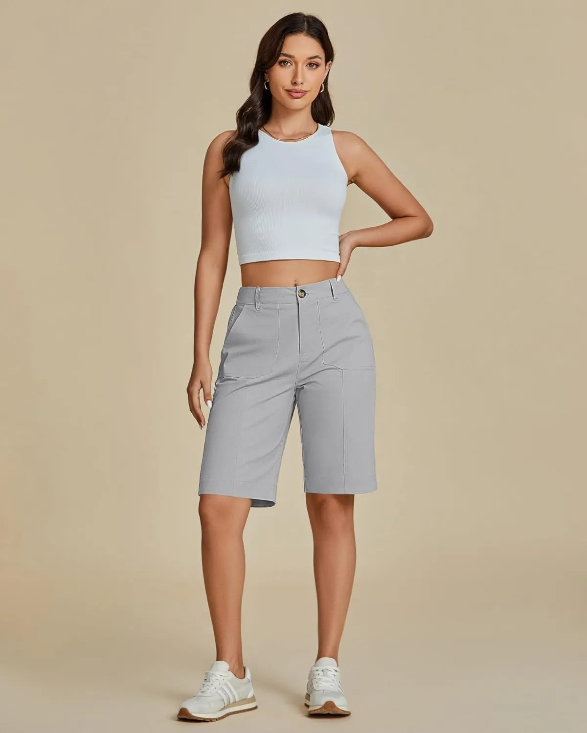 luvamia Bermuda Shorts for Women Knee Length High Waisted Cotton Elastic Wasit Summer Dressy Casual Long Chino Shorts
