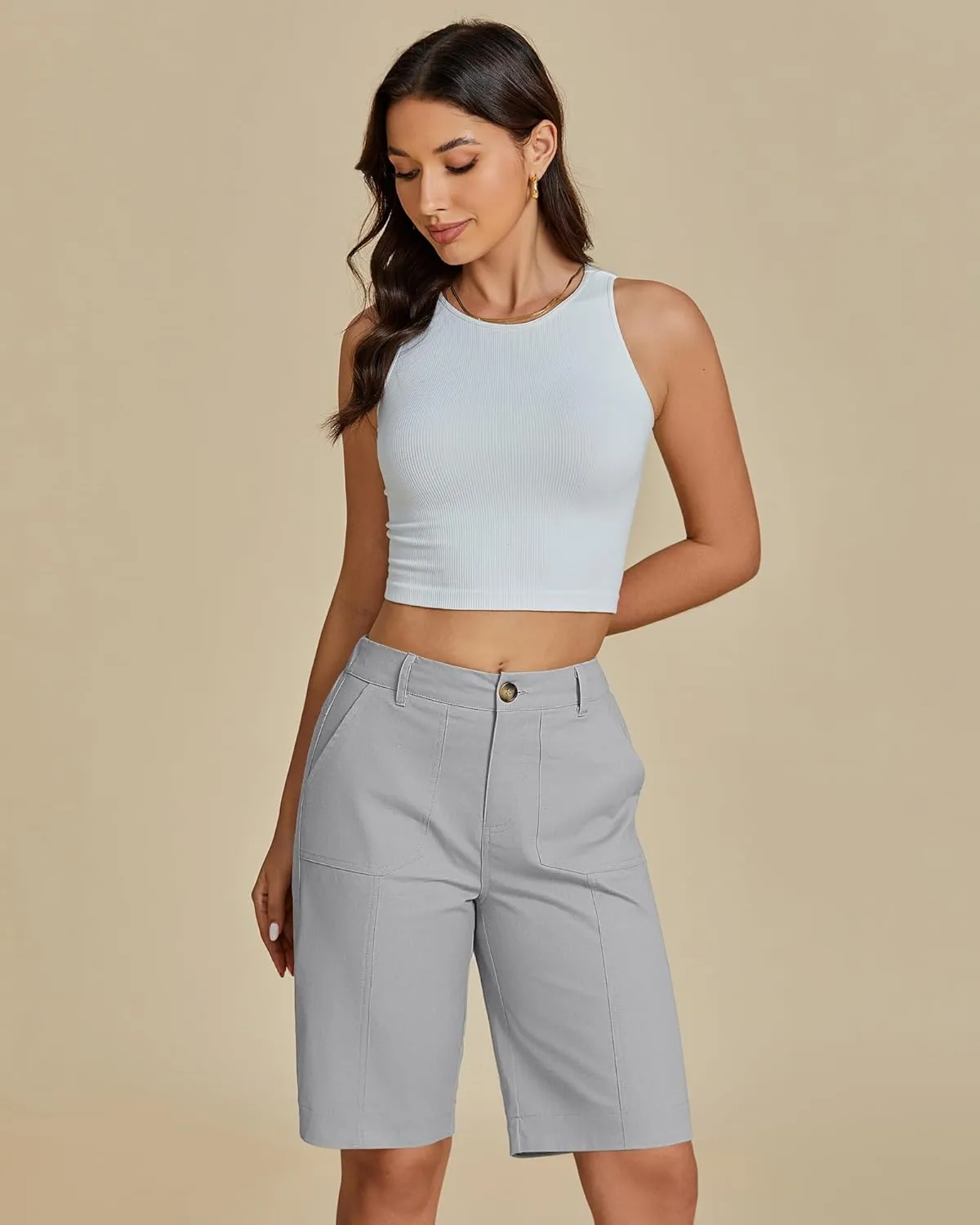 luvamia Bermuda Shorts for Women Knee Length High Waisted Cotton Elastic Wasit Summer Dressy Casual Long Chino Shorts