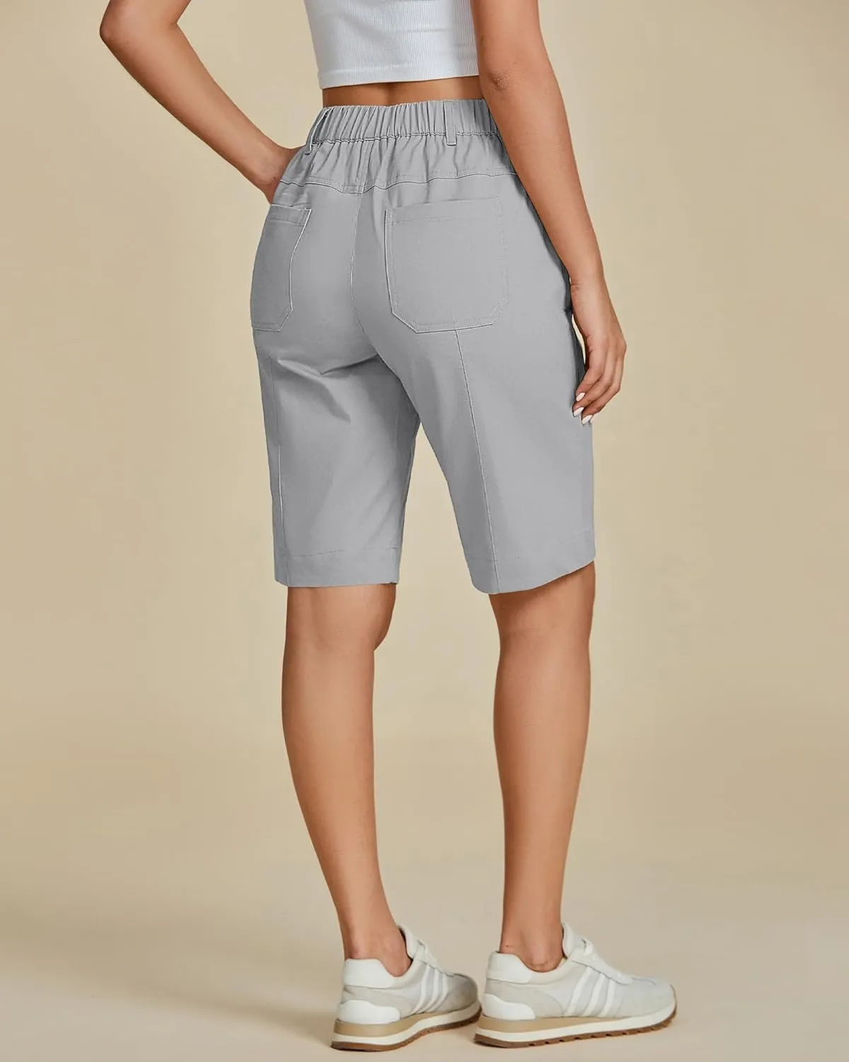 luvamia Bermuda Shorts for Women Knee Length High Waisted Cotton Elastic Wasit Summer Dressy Casual Long Chino Shorts