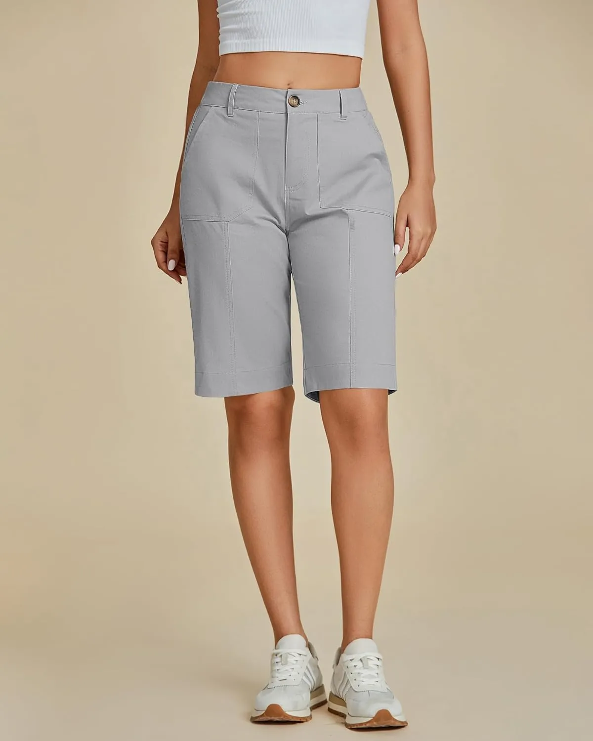 luvamia Bermuda Shorts for Women Knee Length High Waisted Cotton Elastic Wasit Summer Dressy Casual Long Chino Shorts