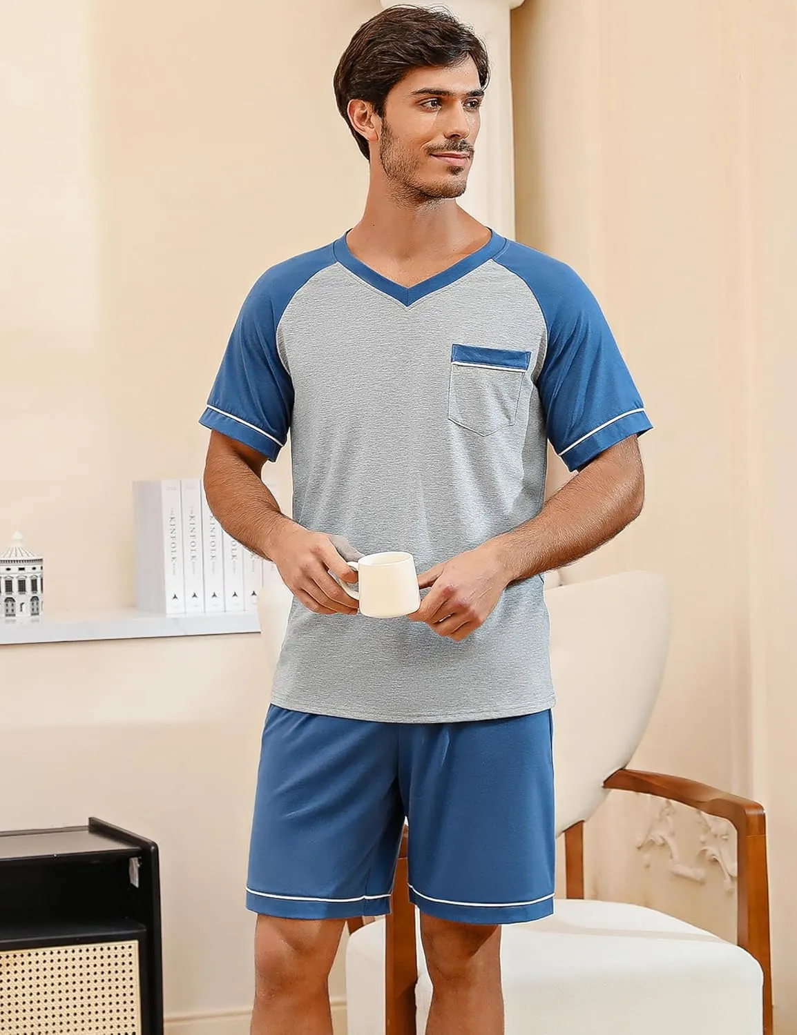 Marvmys Mens Short Sleeve Pajama Set 2 Piece Cotton Pjs Shorts Set Summer Sleepwear with Pockets