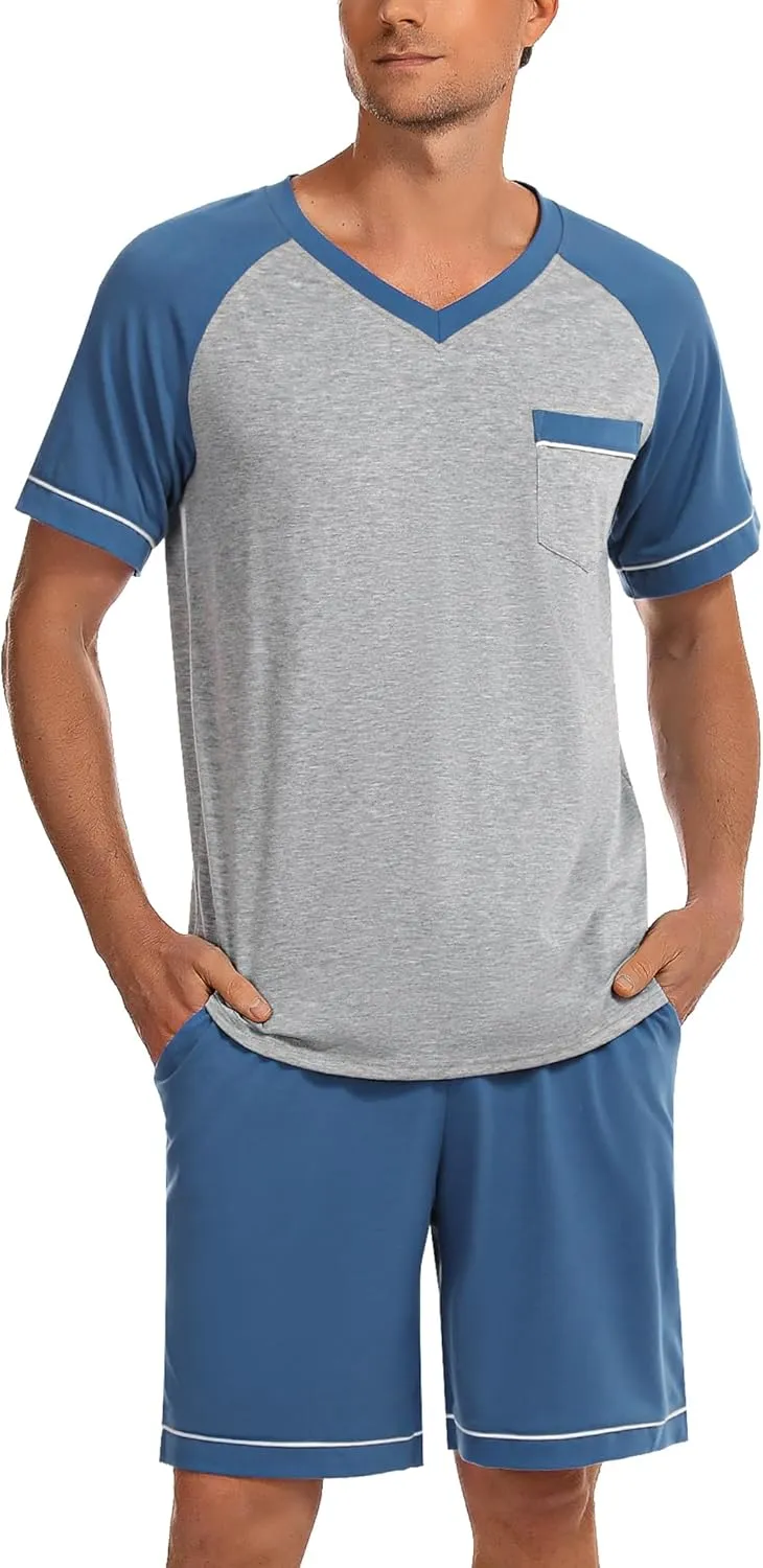 Marvmys Mens Short Sleeve Pajama Set 2 Piece Cotton Pjs Shorts Set Summer Sleepwear with Pockets