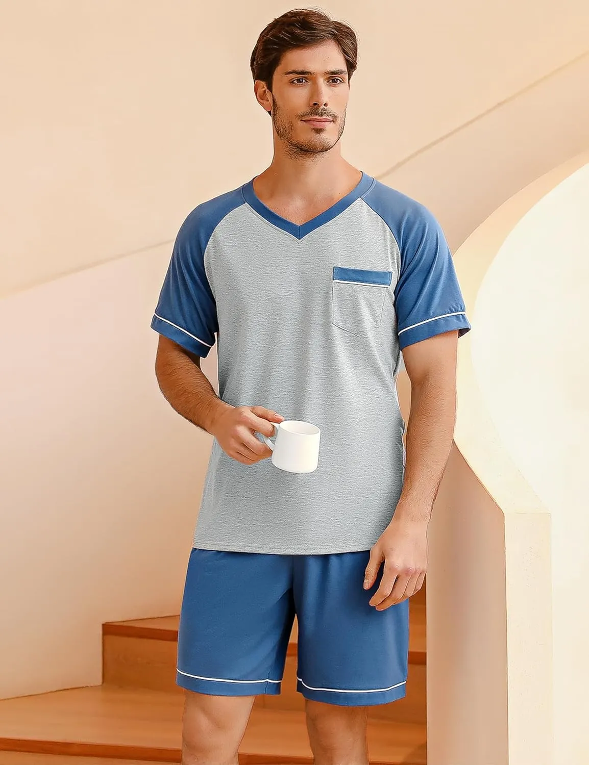 Marvmys Mens Short Sleeve Pajama Set 2 Piece Cotton Pjs Shorts Set Summer Sleepwear with Pockets