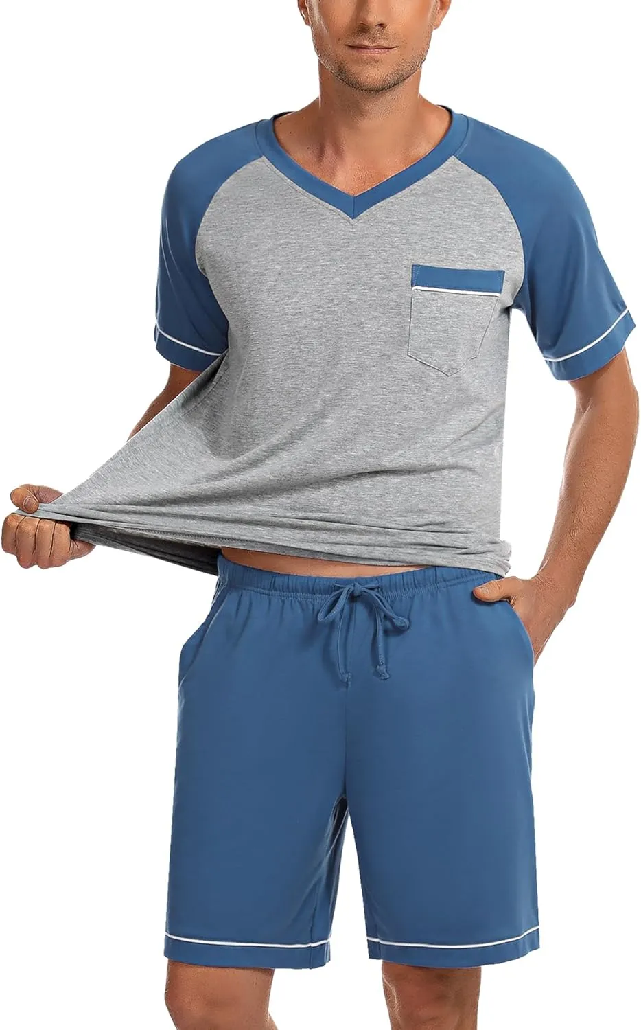 Marvmys Mens Short Sleeve Pajama Set 2 Piece Cotton Pjs Shorts Set Summer Sleepwear with Pockets