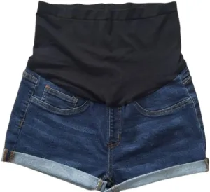 Maternity Denim Shorts for Women High Waist Distressed Cuffed Hem Casual Denim Jeans Short Dark Blue M - Mediun