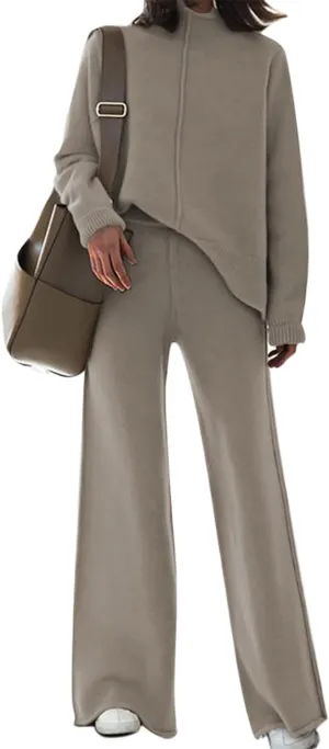 Meenew Women's High Neck 2 Piece Sweatsuit Long Sleeve Knit Sweater Tops Wide Leg Pants Set Outfits