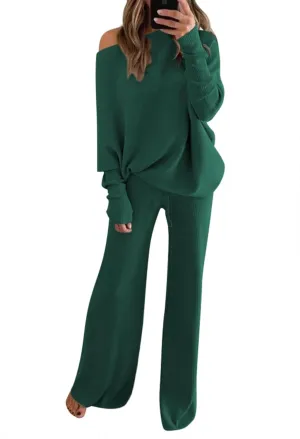 Meenew Womens Long Sleeve Knit Pullover Sweater Wide Leg Pants Outfits 2 Piece Sweatsuit Knitted Lounge Set