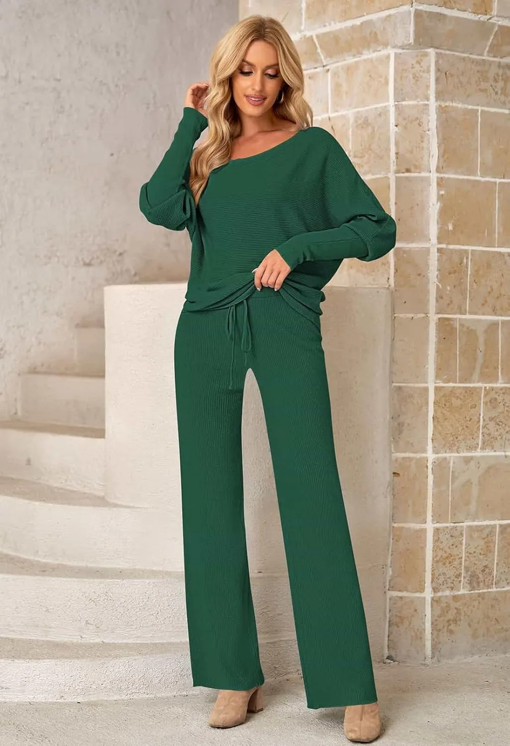 Meenew Womens Long Sleeve Knit Pullover Sweater Wide Leg Pants Outfits 2 Piece Sweatsuit Knitted Lounge Set