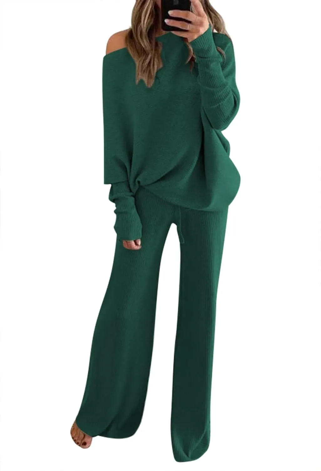 Meenew Womens Long Sleeve Knit Pullover Sweater Wide Leg Pants Outfits 2 Piece Sweatsuit Knitted Lounge Set