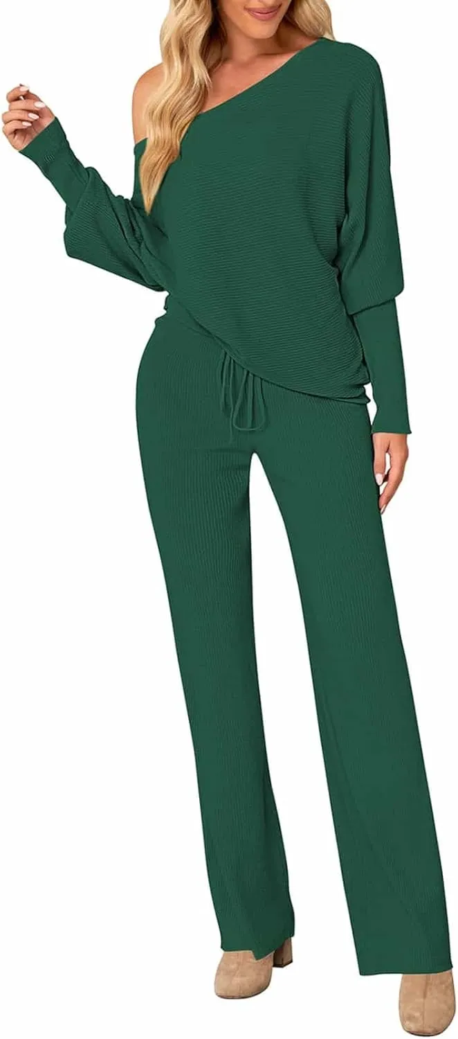 Meenew Womens Long Sleeve Knit Pullover Sweater Wide Leg Pants Outfits 2 Piece Sweatsuit Knitted Lounge Set