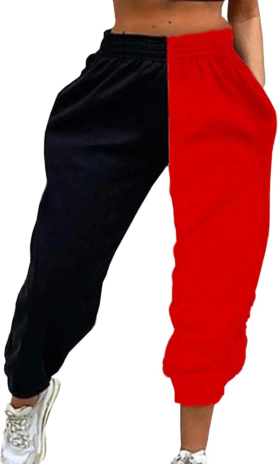 Meladyan Women's Elastic High Waist Joggers Baggy Pants Color Block Sweatpants with Pocketsc