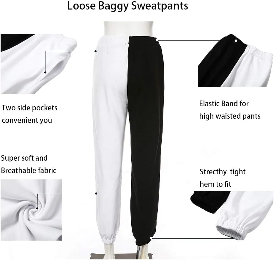 Meladyan Women's Elastic High Waist Joggers Baggy Pants Color Block Sweatpants with Pocketsc
