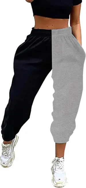 Meladyan Women's Elastic High Waist Joggers Baggy Pants Color Block Sweatpants with Pocketsc