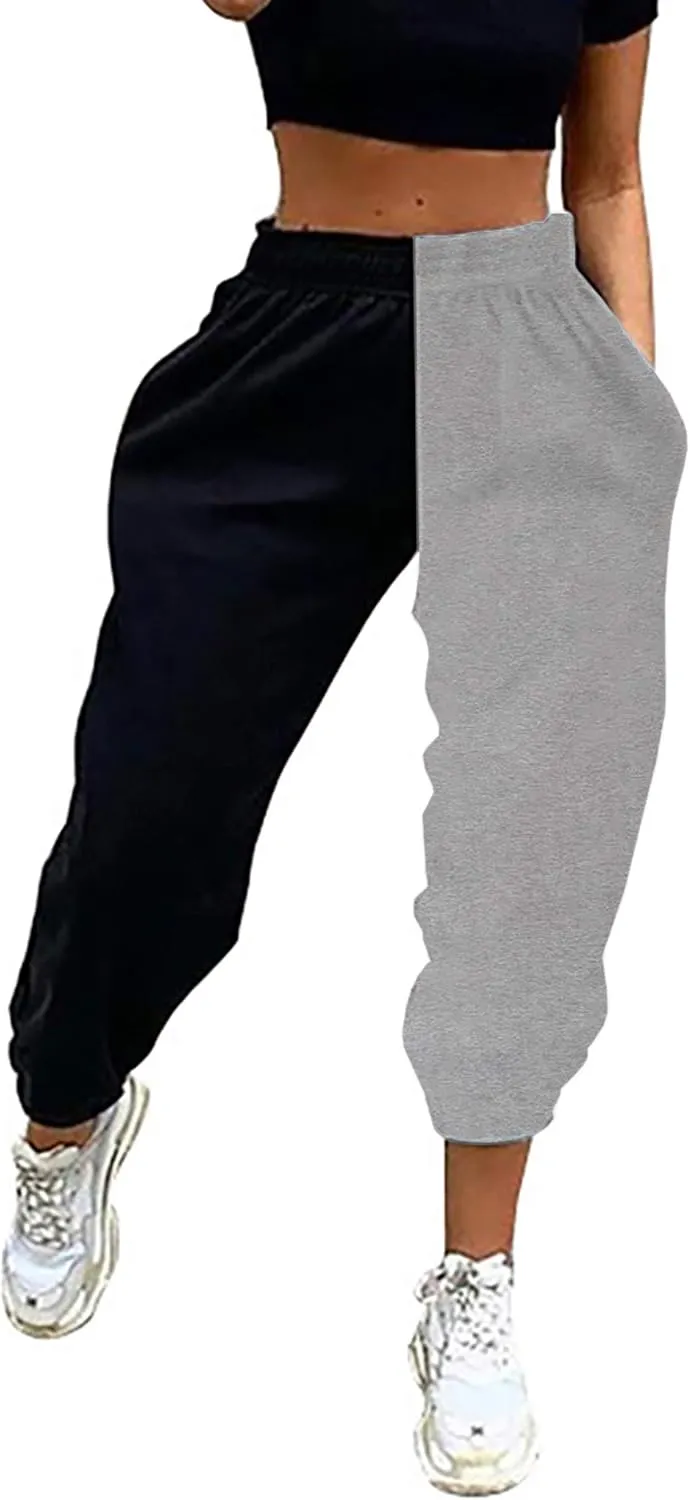 Meladyan Women's Elastic High Waist Joggers Baggy Pants Color Block Sweatpants with Pocketsc