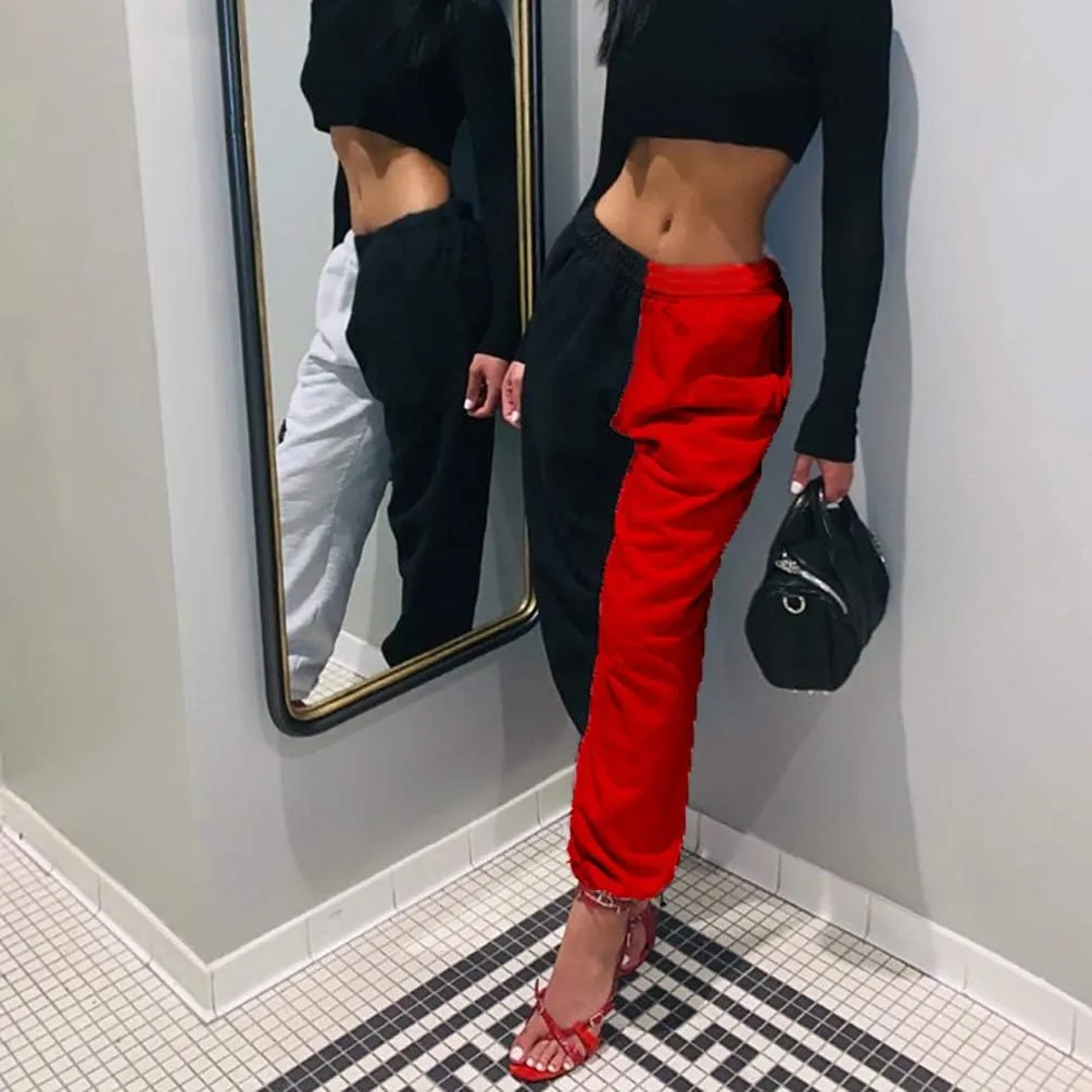 Meladyan Women's Elastic High Waist Joggers Baggy Pants Color Block Sweatpants with Pocketsc