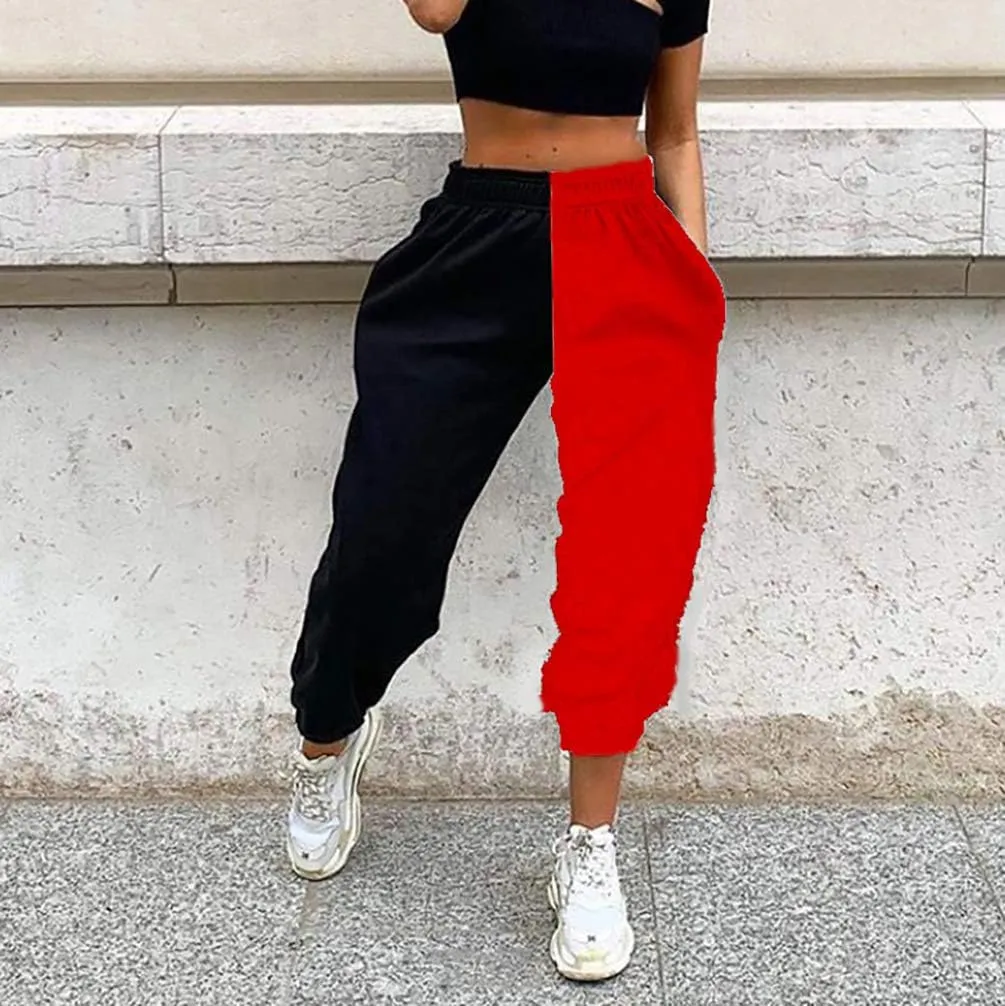Meladyan Women's Elastic High Waist Joggers Baggy Pants Color Block Sweatpants with Pocketsc