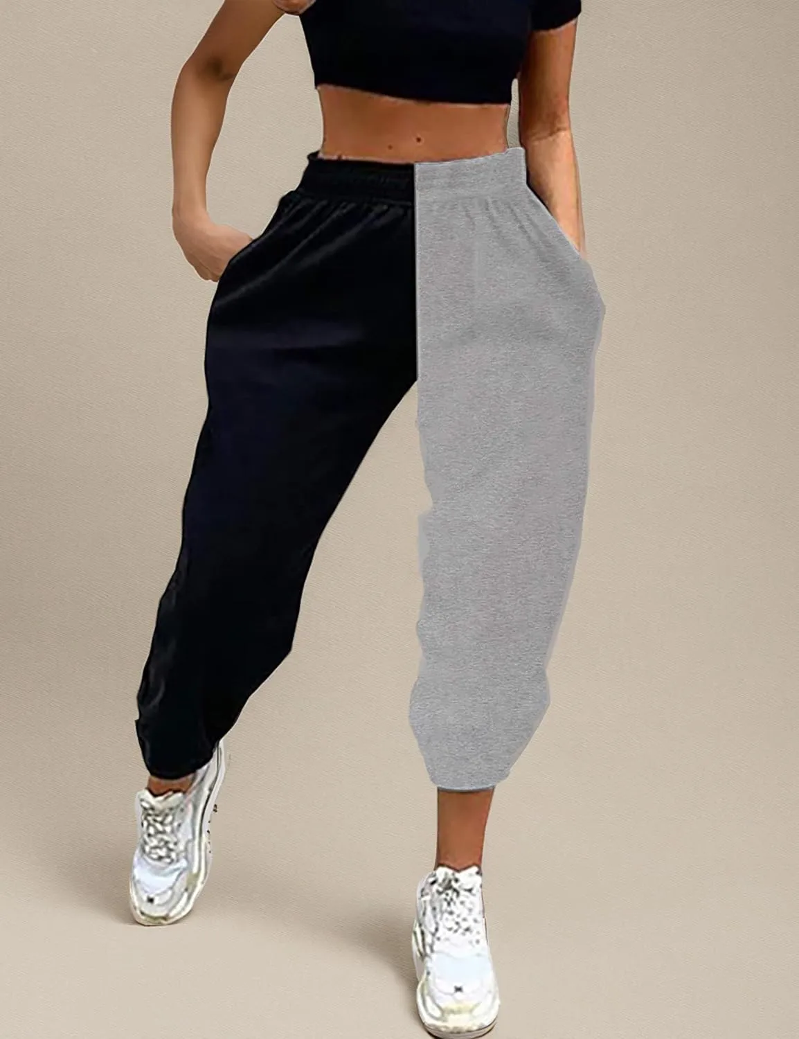 Meladyan Women's Elastic High Waist Joggers Baggy Pants Color Block Sweatpants with Pocketsc
